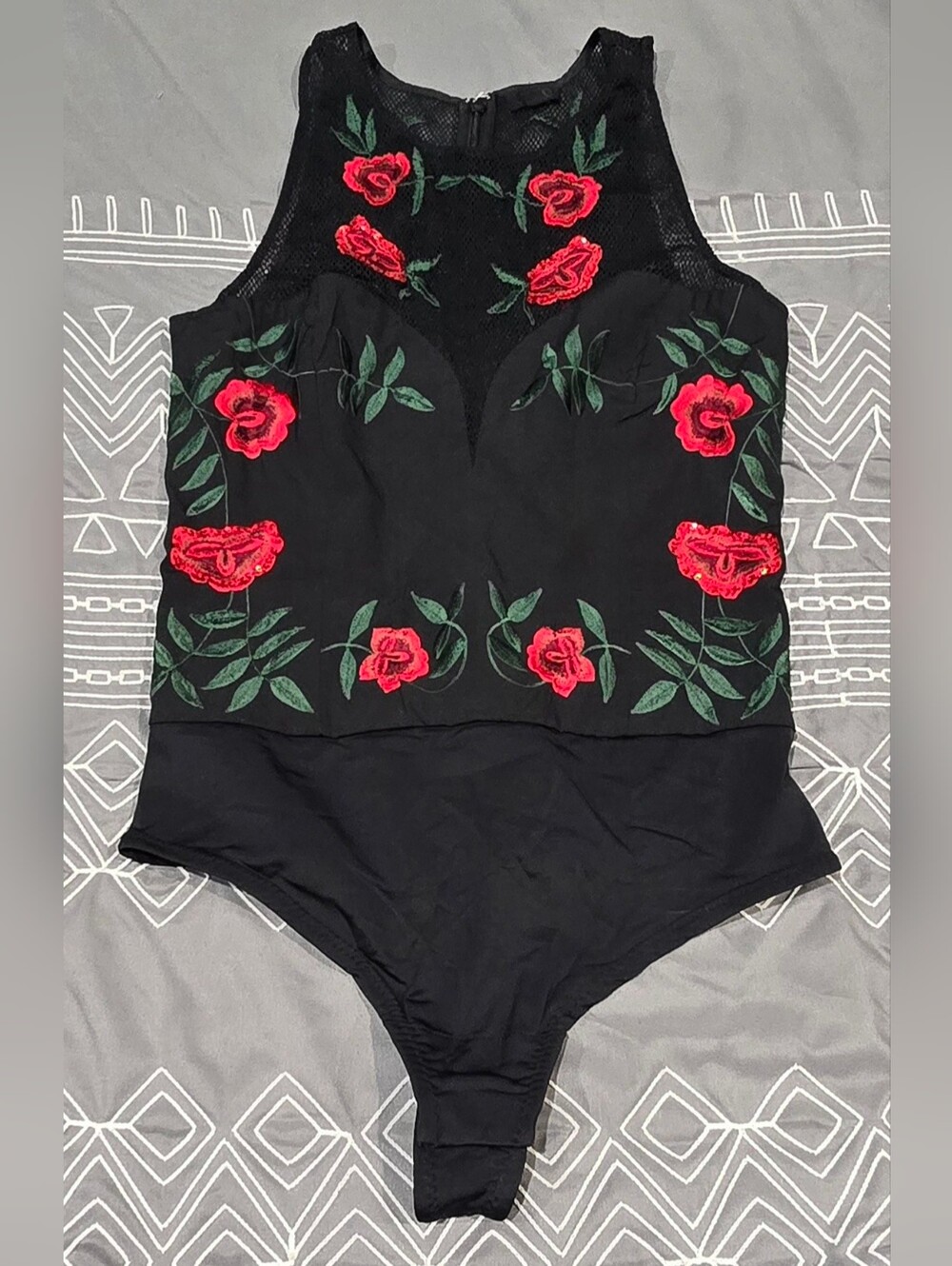 NBD Floral Black And Red Bodysuit Size XS